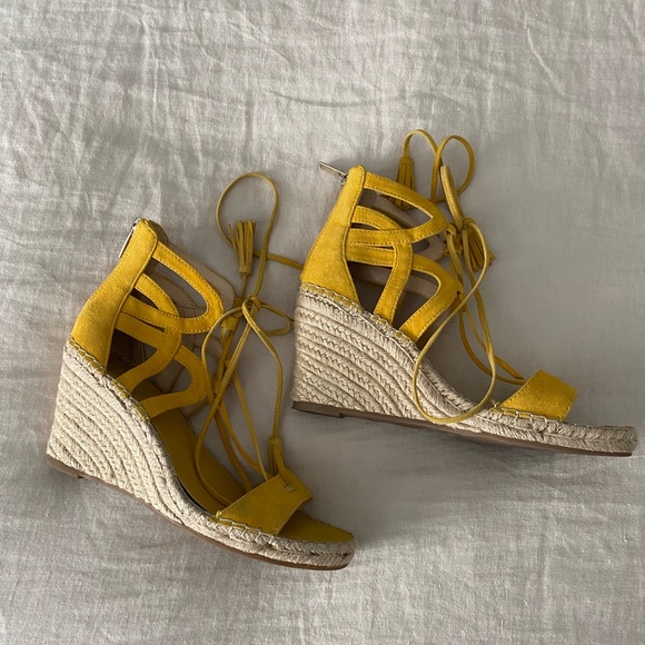 Yellow suede lace up wedge heel espadrilles by Vince Camuto - Picture 2 of 6
